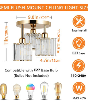 Moderne Gouden Plafondlamp – 3-Lichts Semi-Inbouw met Kristalglas voor Keuken en Woonkamer