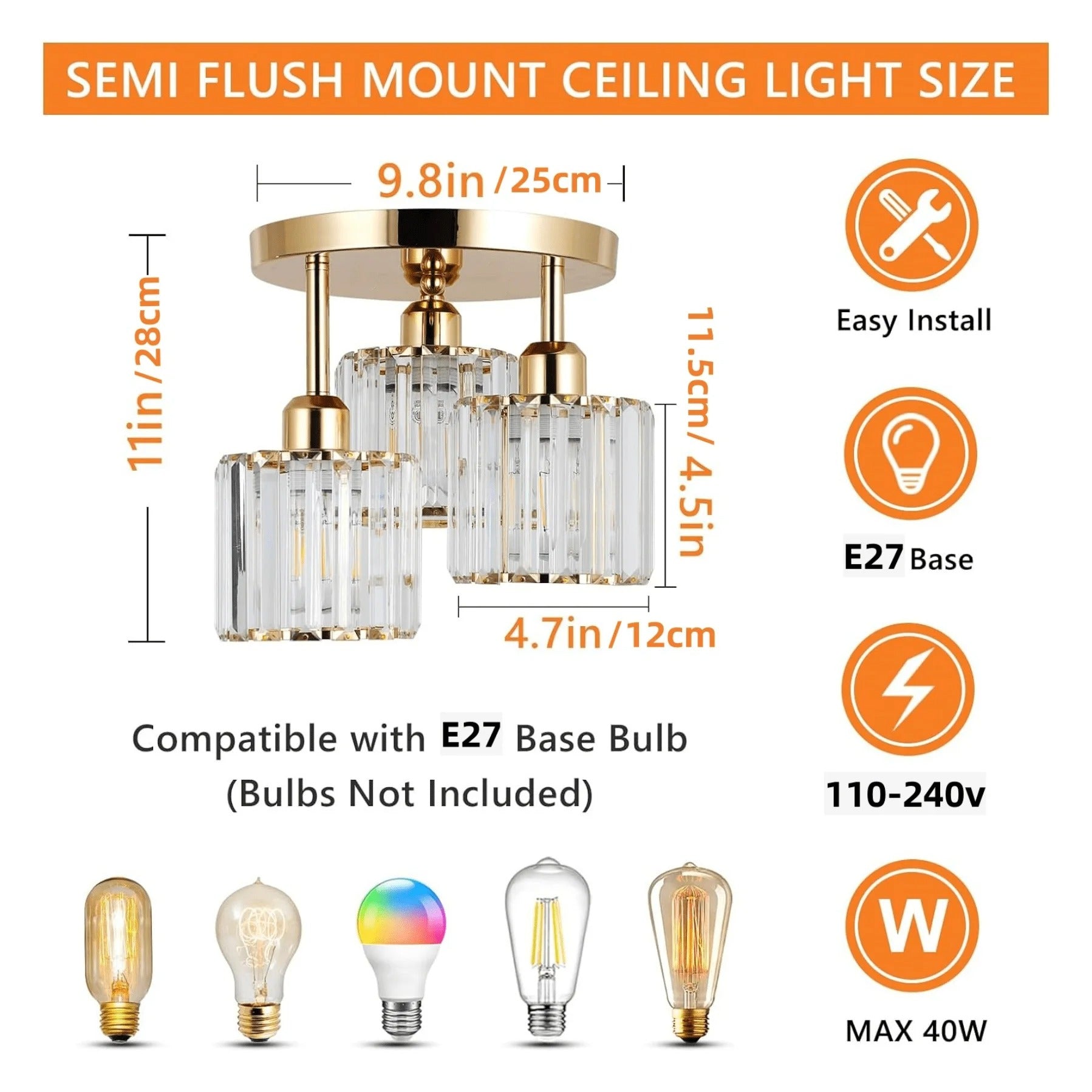 Moderne Gouden Plafondlamp – 3-Lichts Semi-Inbouw met Kristalglas voor Keuken en Woonkamer