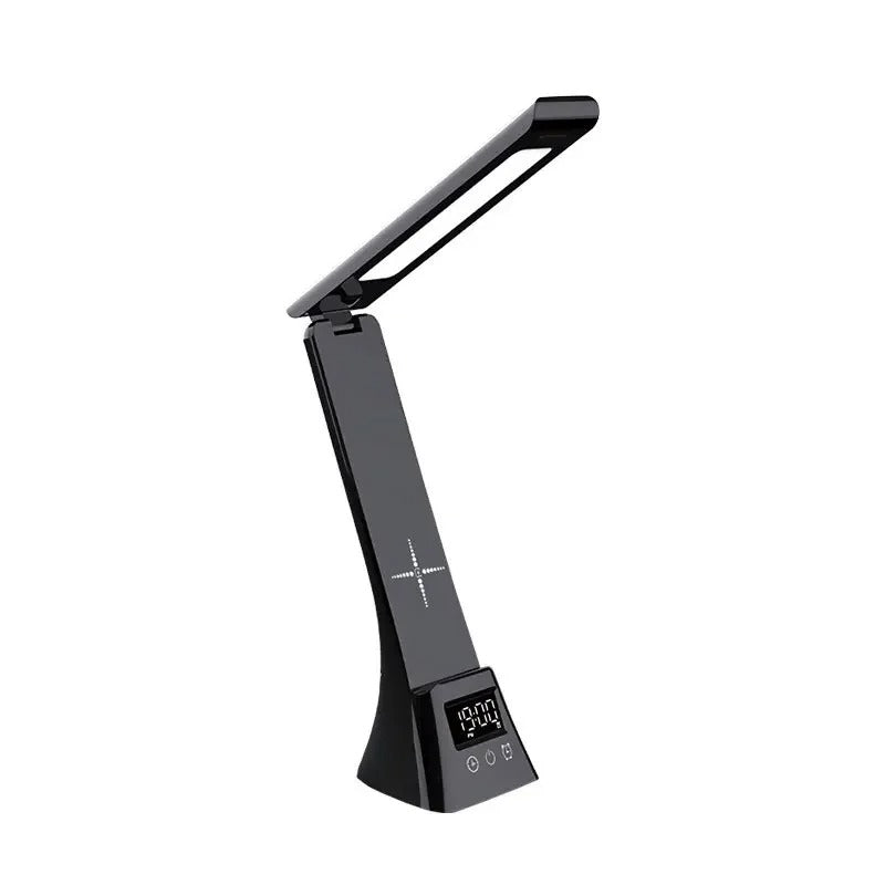 Multifunctionele LED Bureaulamp – Dimbaar met Draadloze Oplader, USB-Poort en Digitale Klok – 3 Lichtkleuren