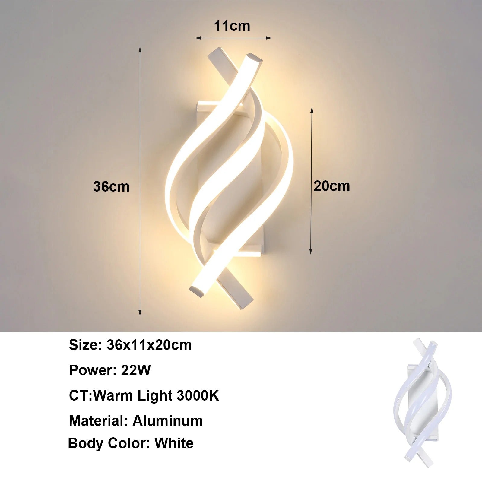 Moderne LED Wandlamp 22W – Witte Aluminium Wandkandelaar met Spiraal Design – Warm Wit 3000K voor Interieur