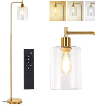 Moderne Industriële Vloerlamp met Glazen Kap – Dimbare LED Staande Lamp E27 met Afstandsbediening en Voetschakelaar – Sfeerverlichting voor Woonkamer en Slaapkamer