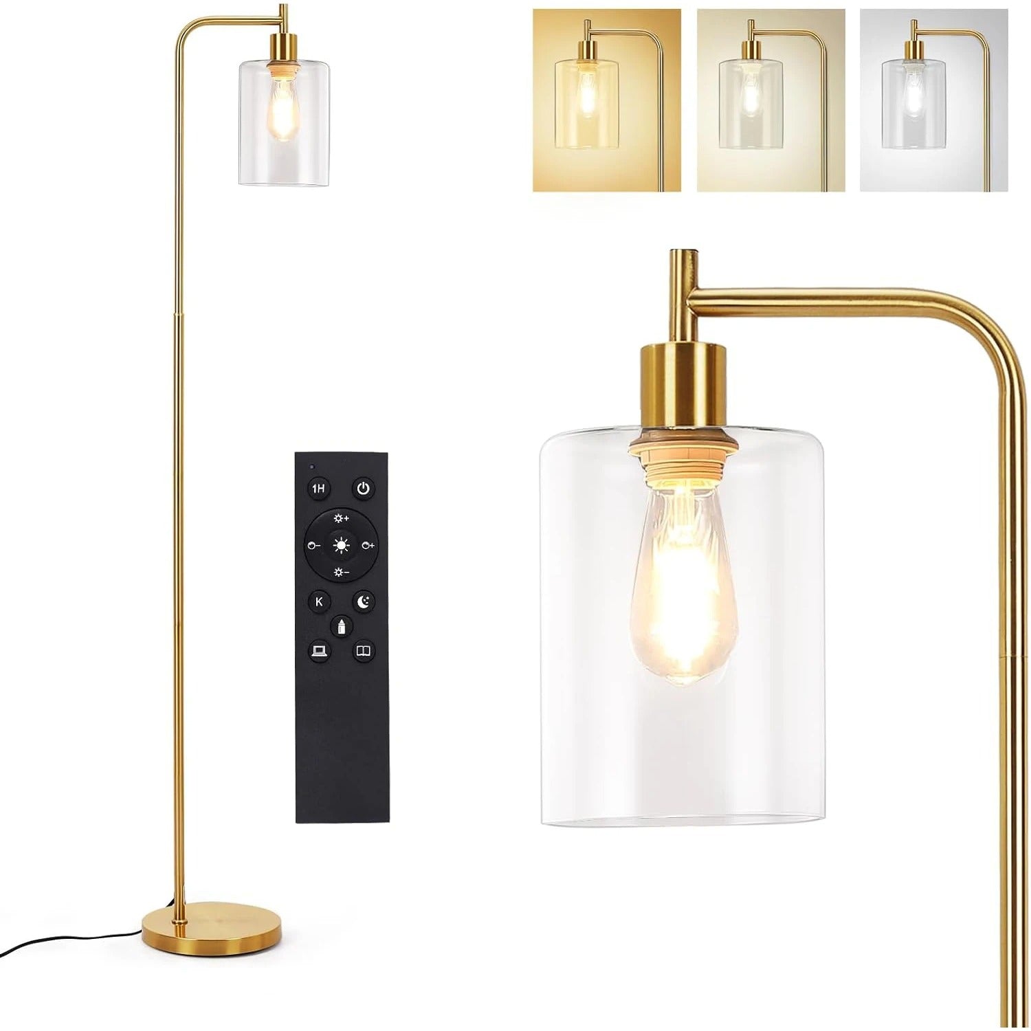 Moderne Industriële Vloerlamp met Glazen Kap – Dimbare LED Staande Lamp E27 met Afstandsbediening en Voetschakelaar – Sfeerverlichting voor Woonkamer en Slaapkamer