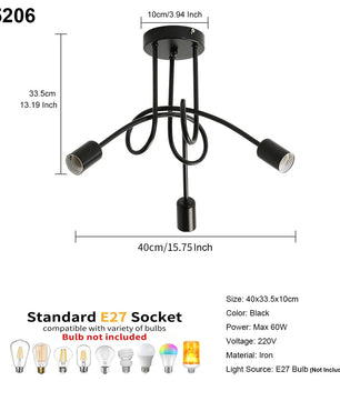 Moderne Zwarte Spoetnik Kroonluchter – 5-Lichts Plafondlamp met E27 Fittingen in Mid-Century Stijl