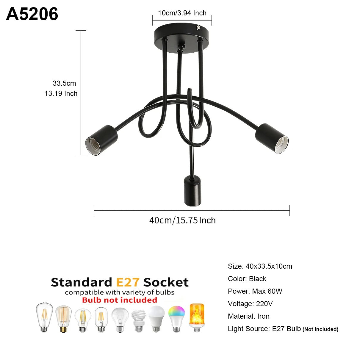 Moderne Zwarte Spoetnik Kroonluchter – 5-Lichts Plafondlamp met E27 Fittingen in Mid-Century Stijl