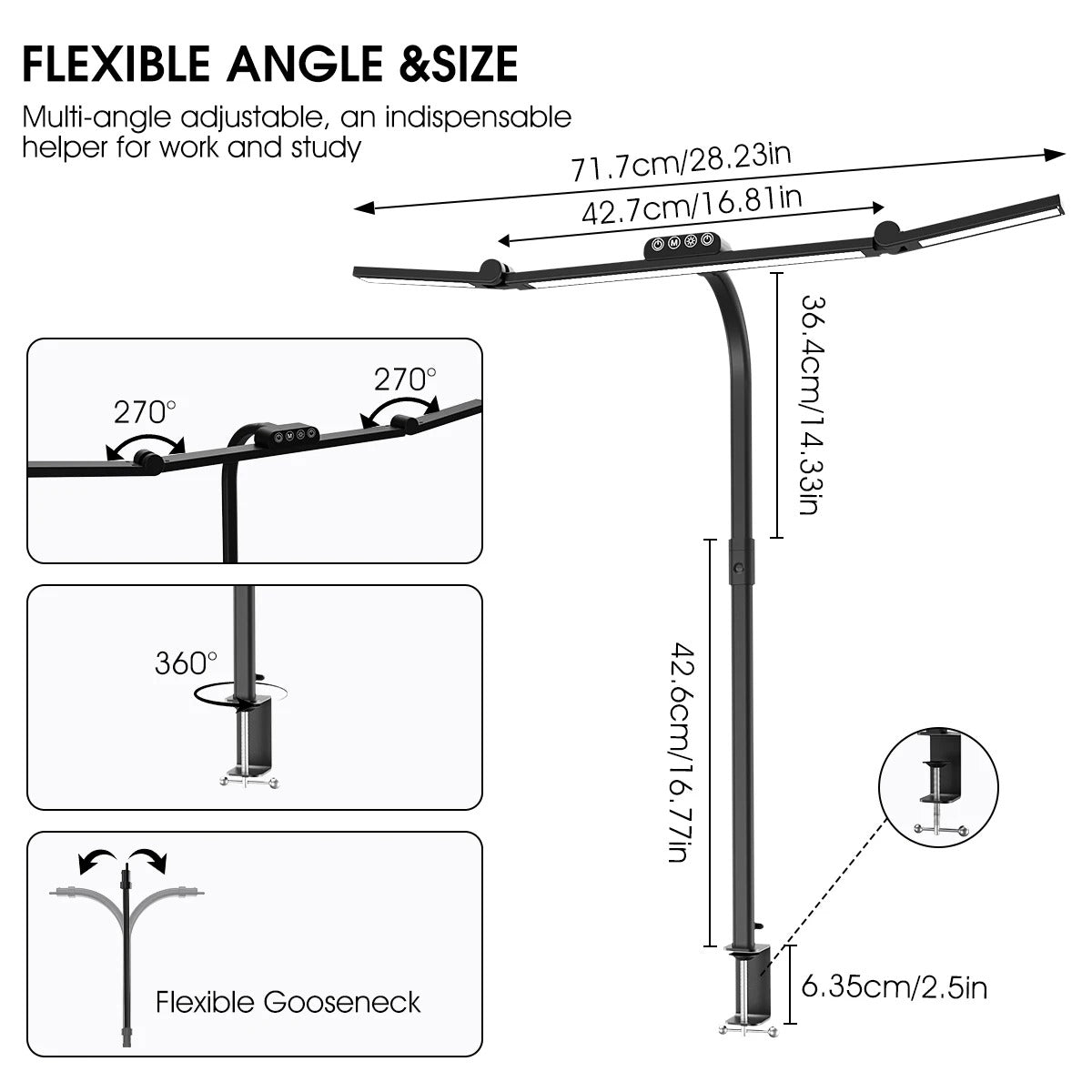 LED Bureaulamp met Klem – 24W Architect Tafellamp met 7 Gewrichten – Automatisch Dimmen, Asymmetrisch Licht en CRI>90