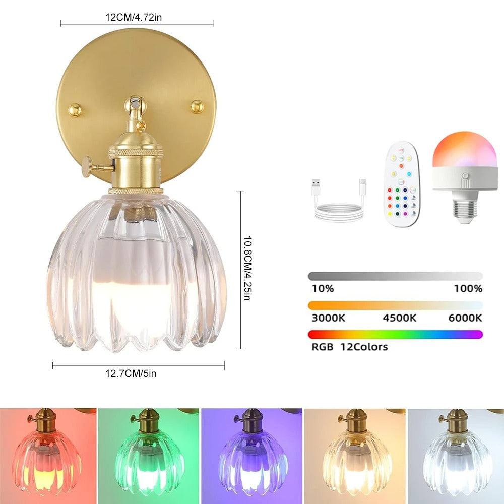 Vintage Glazen Wandlamp – Draadloos en Oplaadbaar met RGB LED – Decoratieve Wandverlichting met Afstandsbediening voor Woonkamer en Slaapkamer