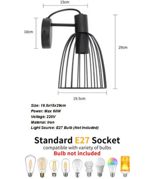 Vintage Industriële Wandlamp – Zwart Metalen Wandverlichting met Houtaccent en E27 Fitting – Retro Design voor Interieur