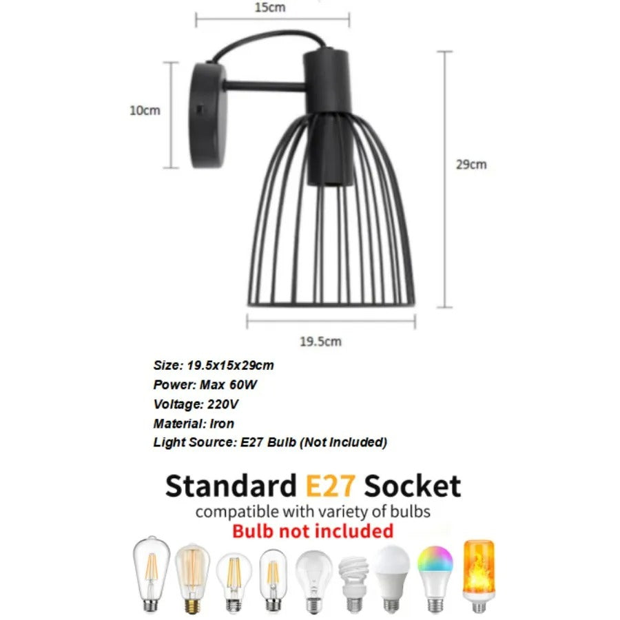 Vintage Industriële Wandlamp – Zwart Metalen Wandverlichting met Houtaccent en E27 Fitting – Retro Design voor Interieur