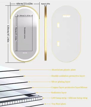 Ovale LED Badkamerspiegel met Gouden Frame – Dimbaar, Anticondens & Touchbediening – Luxe Spiegel met 3 Lichtkleuren en Geheugenfunctie