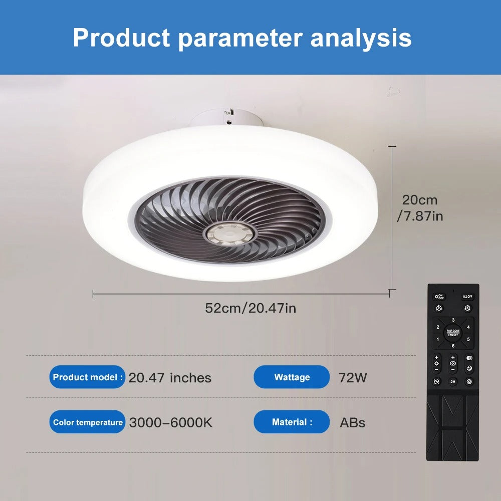 Slimme Plafondventilator met LED-Verlichting – 52 cm Ventilatorlamp met Onzichtbare Bladen, Afstandsbediening en Stille Werking voor Slaapkamer en Woonkamer