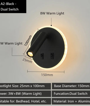 Moderne LED Wandlamp met USB Oplaadpoorten – Verstelbare Leeslamp en Sfeerverlichting voor Slaapkamer en Hotel