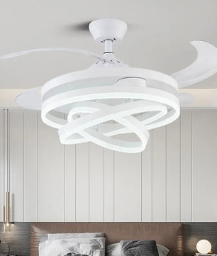 Nordic LED Plafondventilator 42 inch – Moderne Ventilatorlamp met Intrekbare Bladen, Kristalafwerking en Afstandsbediening – Stil en Dimbaar voor Woonkamer en Slaapkamer