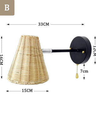 Retro Rotan Wandlamp – Handgeweven Bohemian Wandverlichting met Schakelaar en LED