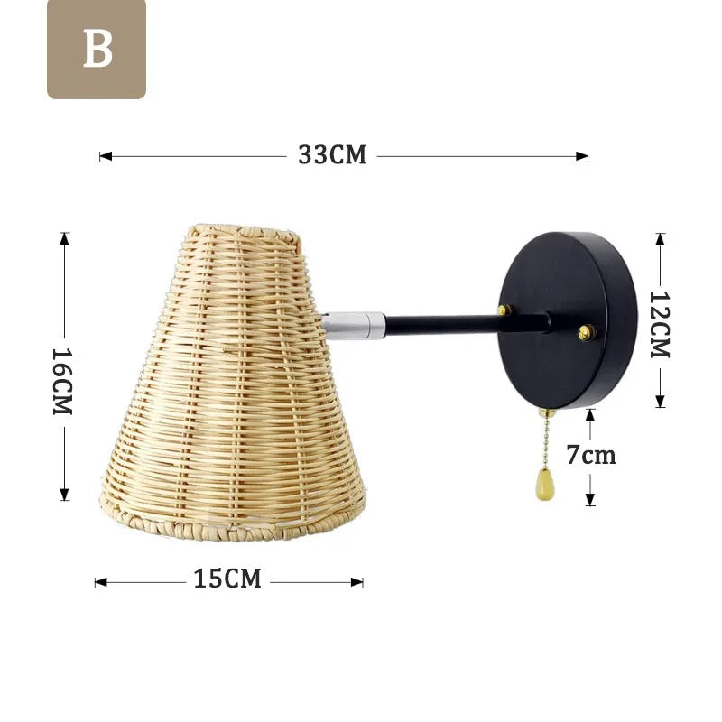 Retro Rotan Wandlamp – Handgeweven Bohemian Wandverlichting met Schakelaar en LED