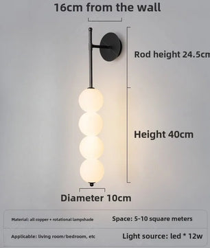 Wandlamp met Glazen Bol – Modern Design – Wit Glas met Goud of Zwart Metaal – E27 – Voor Slaapkamer, Badkamer en Hal