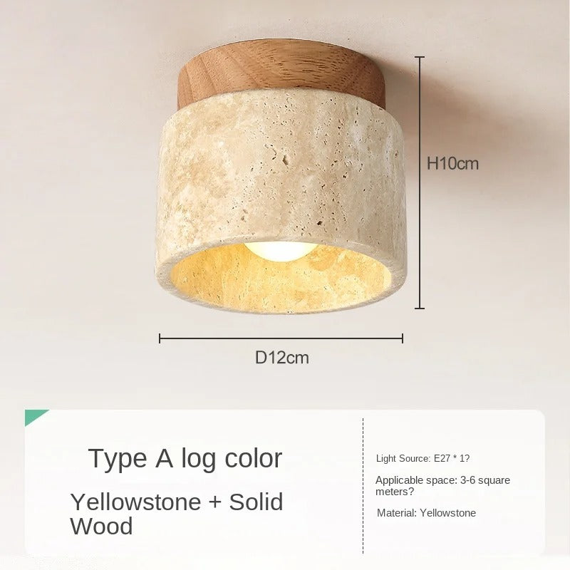 Japanse Stijl LED Plafondlamp – Ronde Opbouwlamp van Steen en Hout – Minimalistische LED Binnenverlichting voor Woonkamer en Gang