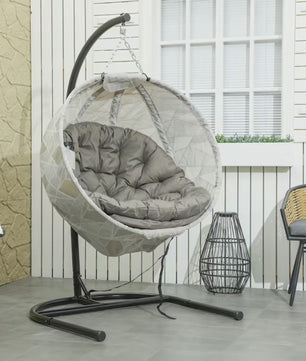 Hangstoel – Ei Stoel met Standaard – Zandbruin, zwart, gebroken wit – tot 125kg